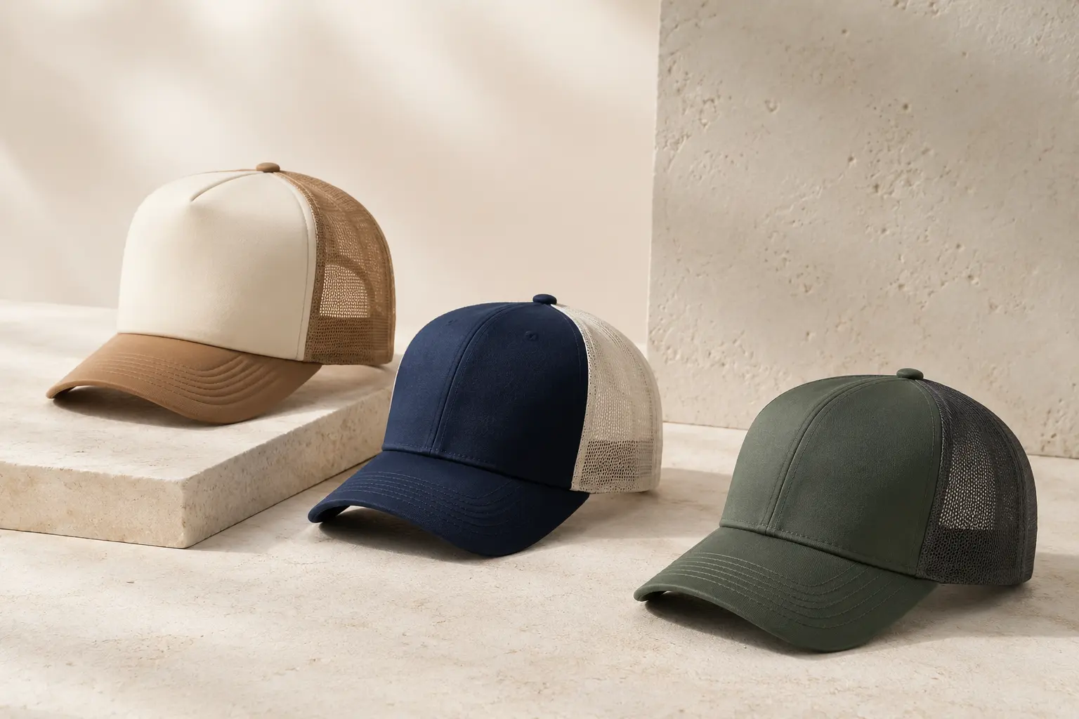 Three custom trucker hat structures for lifestyle, retail, and performance programs