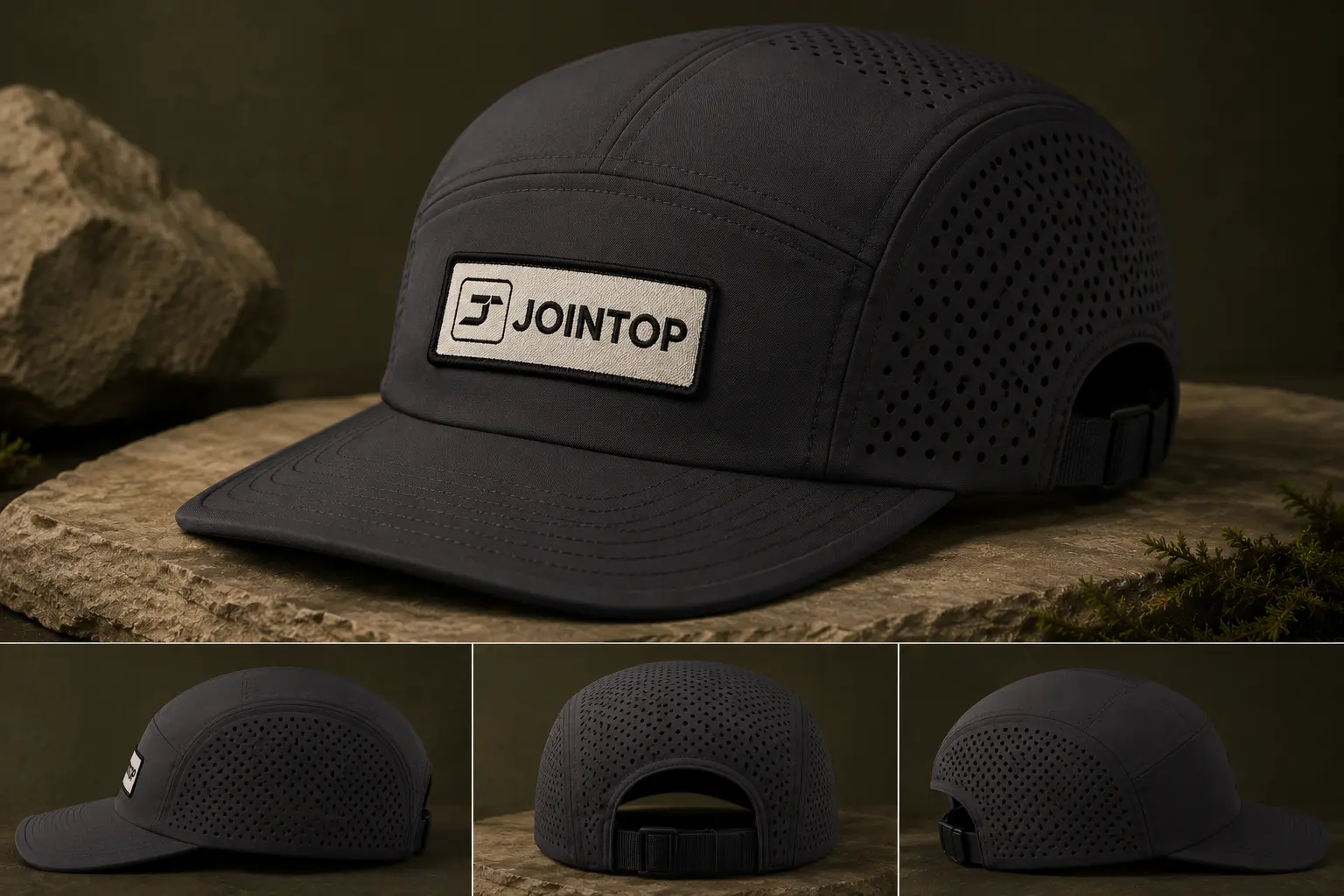 JoinTop laser-perforated outdoor performance cap with a woven logo patch