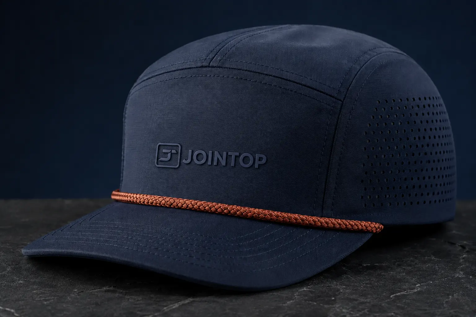 Close view of JoinTop logo, rope, visor and laser perforation on a custom rope hat