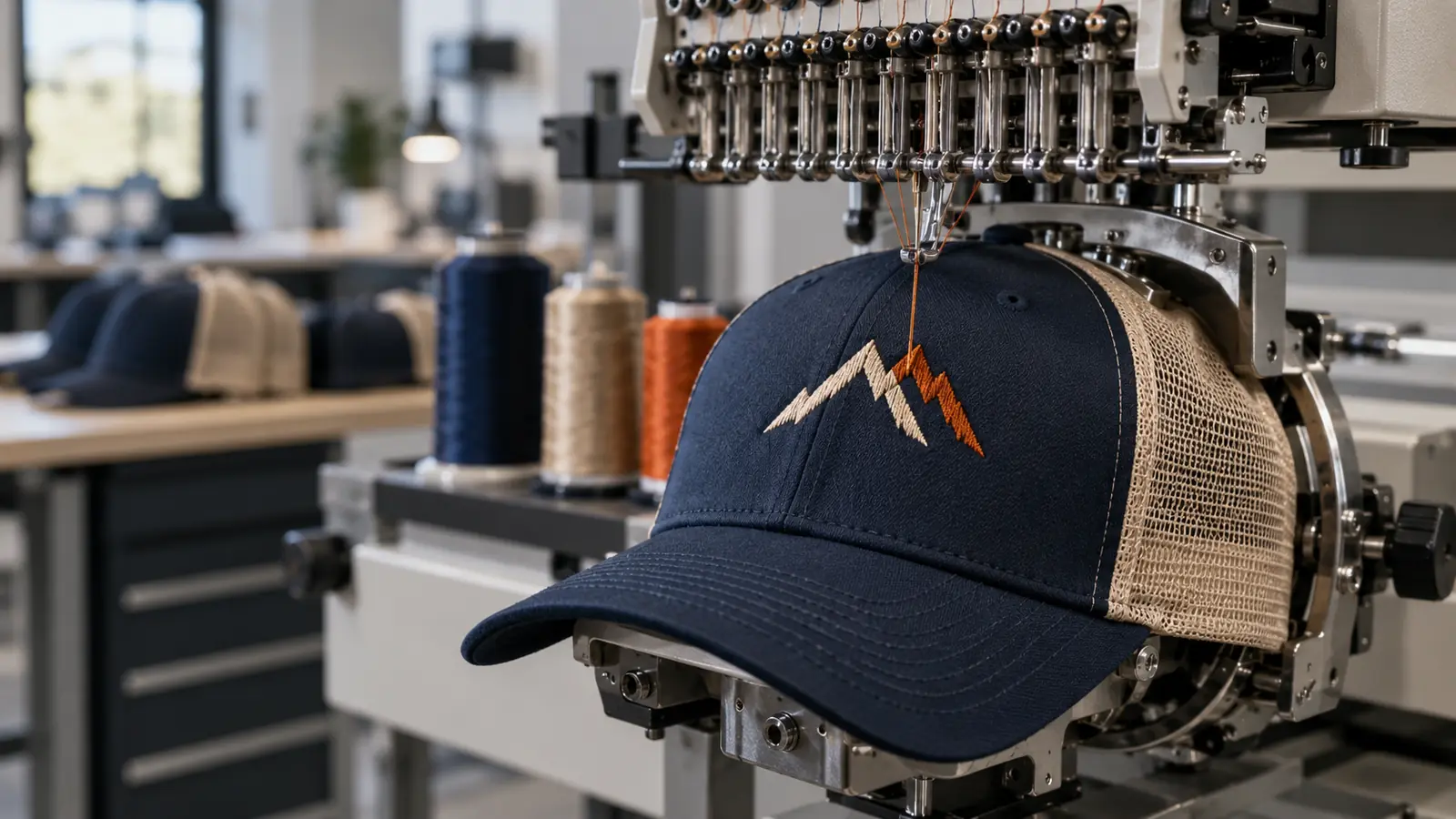 Custom embroidered trucker hat mounted in a cap frame during factory embroidery production