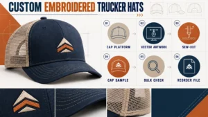 Custom embroidered trucker hats production control infographic covering crown block artwork sew out cap sample bulk inspection and reorder file