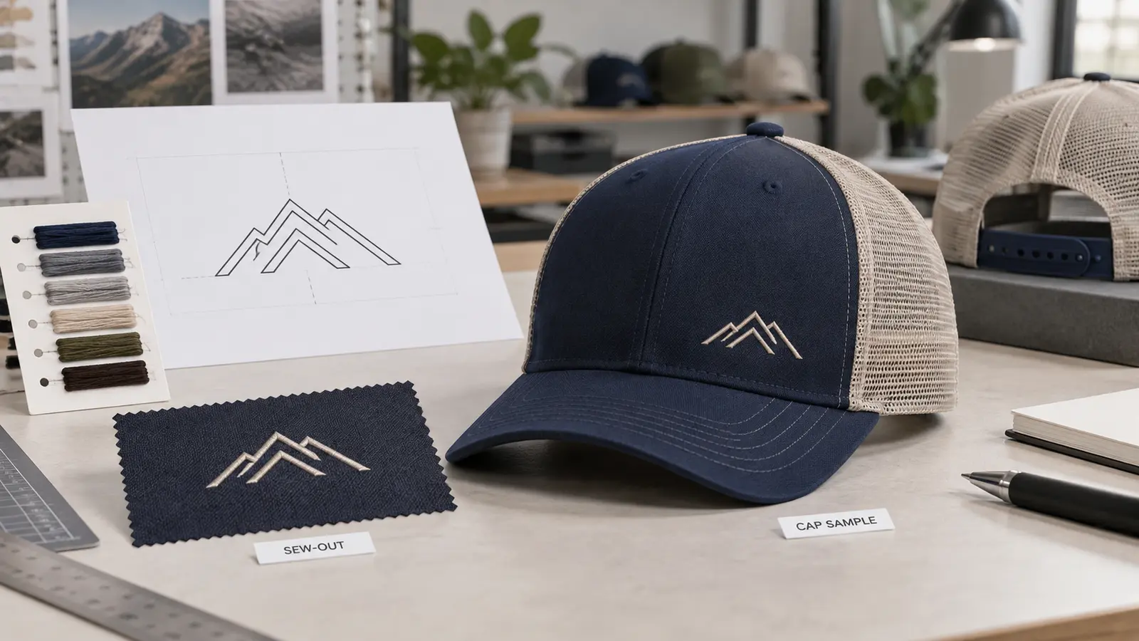 Unbranded trucker cap sample board comparing a flat embroidered front logo sew-out with the finished cap placement and mesh back