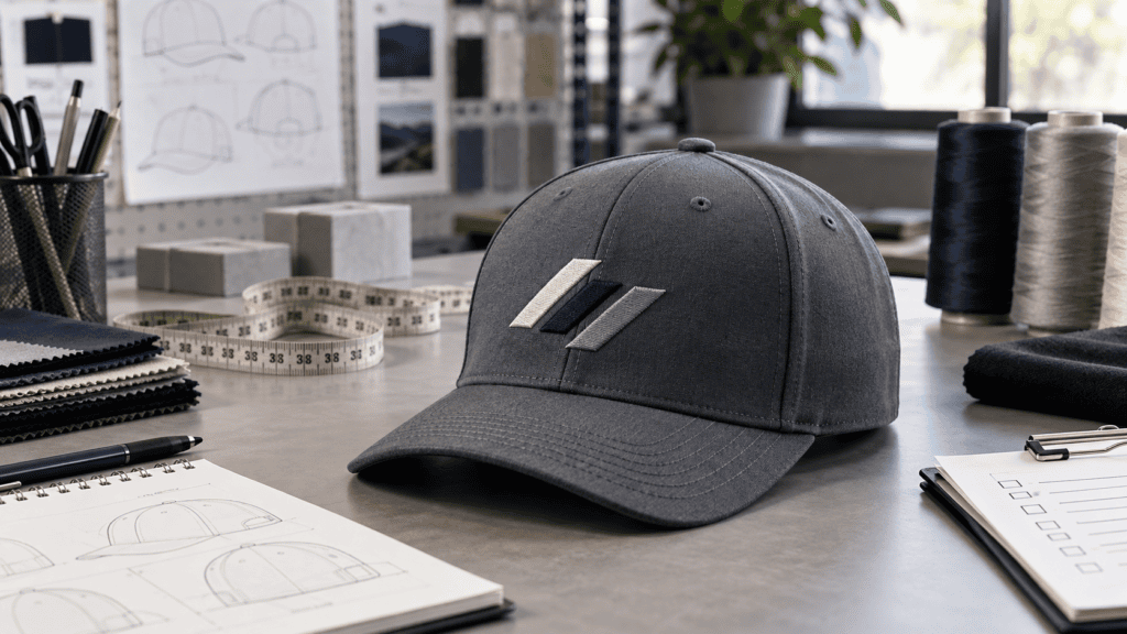 Fitted baseball cap sample on a development workbench with measuring tools and embroidery