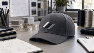 Custom Fitted Baseball Caps Hero JoinTop | Custom Hat Manufacturer Supplier | OEM ODM Headwear Factory Fitted baseball cap sample on a development workbench with measuring tools and embroidery