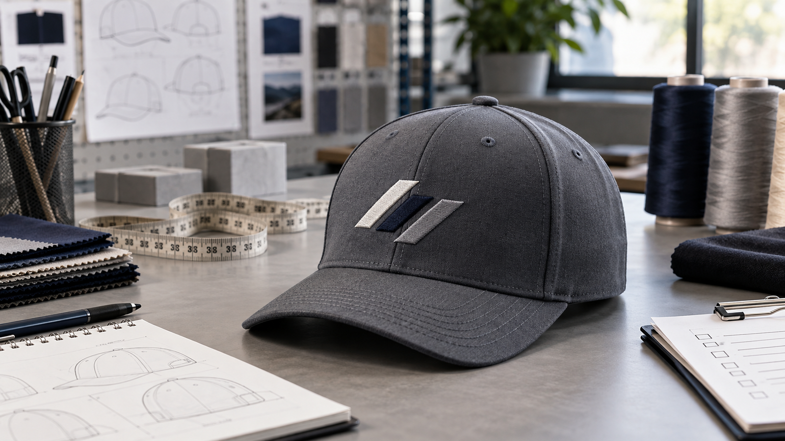 Fitted baseball cap sample on a development workbench with measuring tools and embroidery