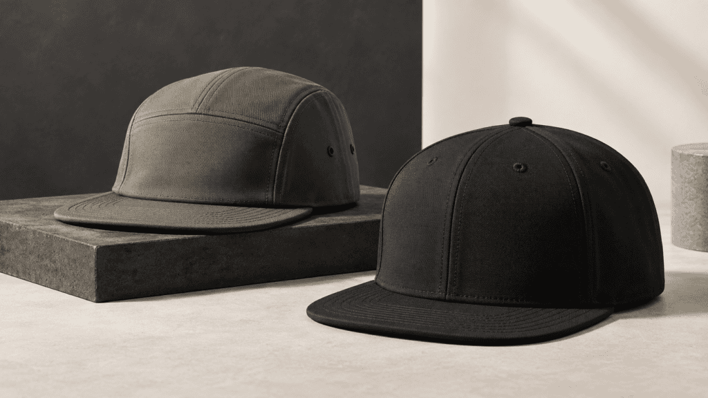 Two blank custom flat bill hats showing structured brim profiles