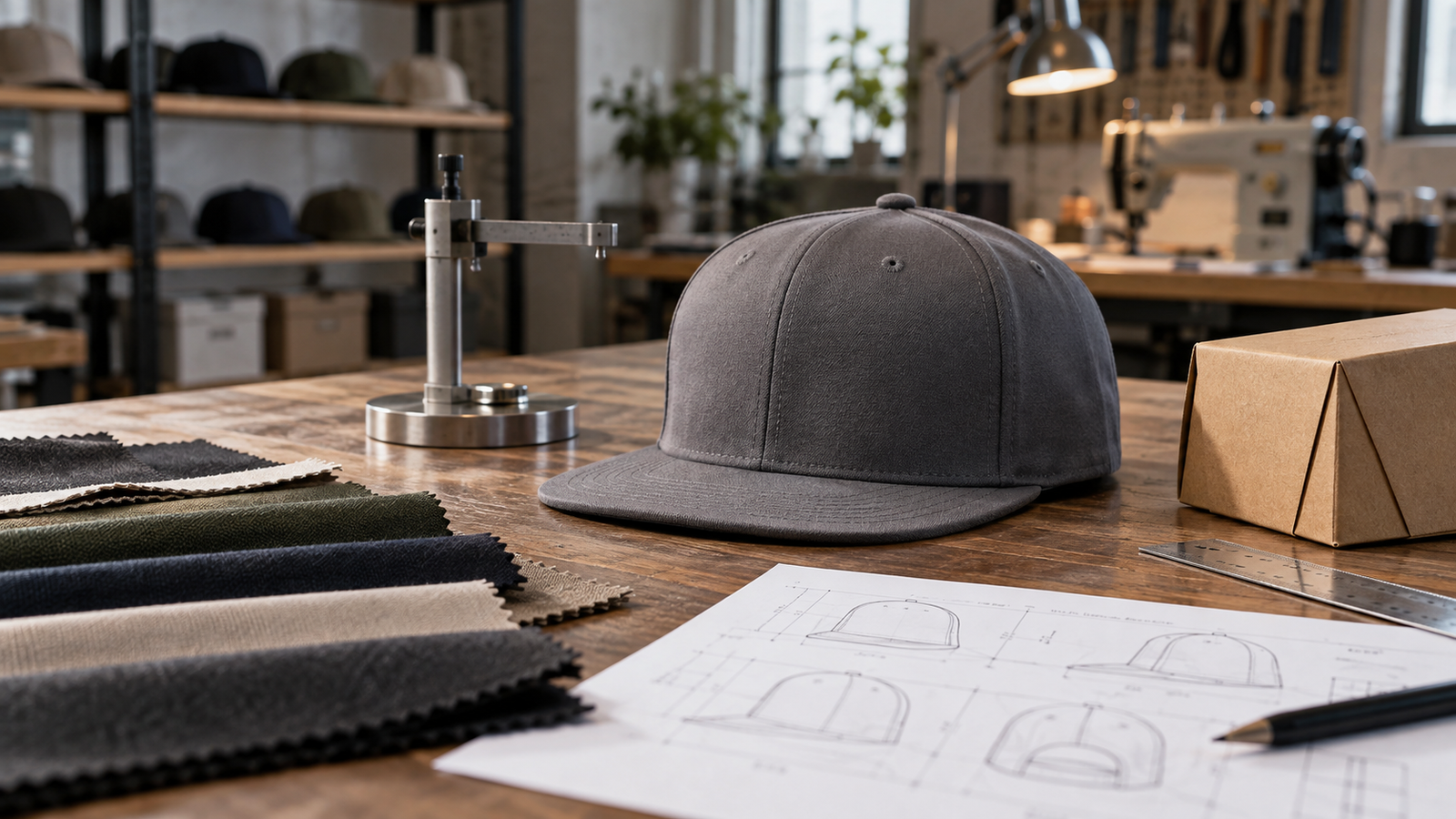 Flat bill cap, measurement gauge, fabric swatches, and sample sheet on a product development table