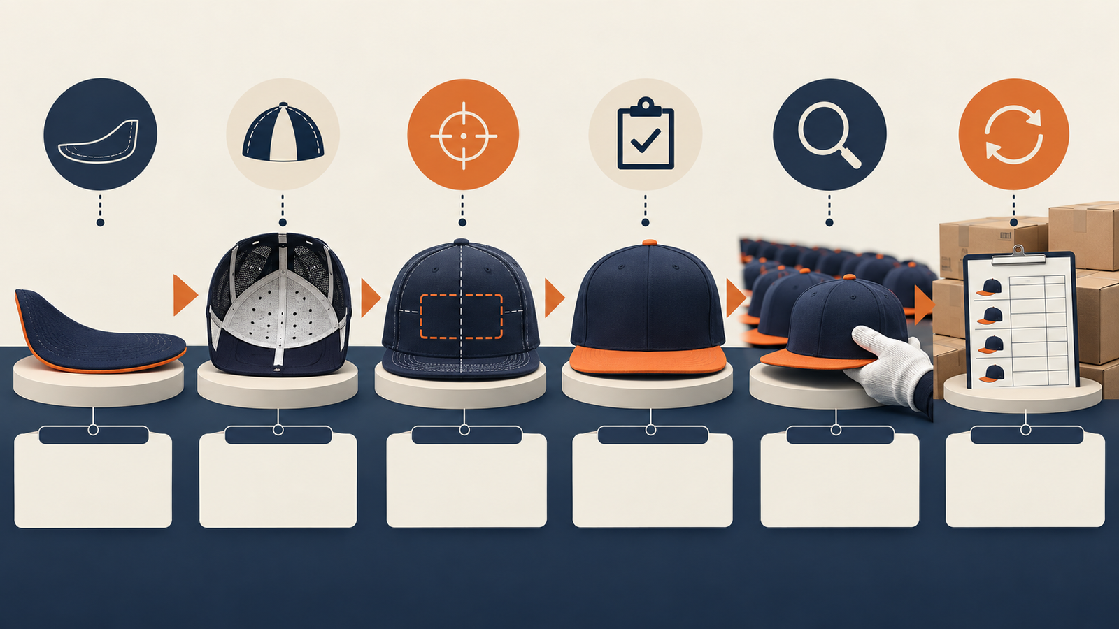Infographic showing flat bill hat structure, logo placement, sample approval, inspection, and reorder controls