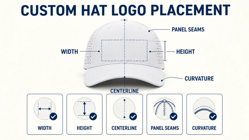 Custom hat logo placement guide on a laser perforated performance cap showing width height centerline panel seams and curvature