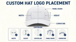 Custom hat logo placement guide on a laser perforated performance cap showing width height centerline panel seams and curvature