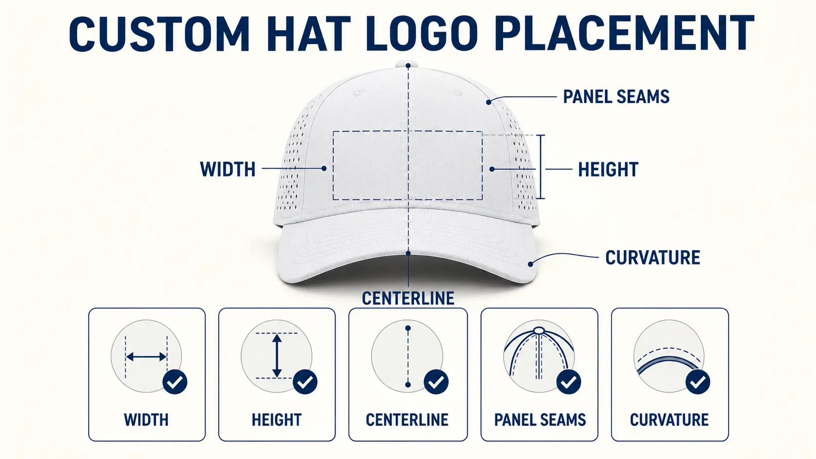 Custom hat logo placement guide on a laser-perforated performance cap showing width, height, centerline, panel seams, and curvature