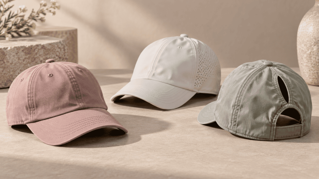 Three blank women oriented custom hat prototypes showing different fit and proportion options
