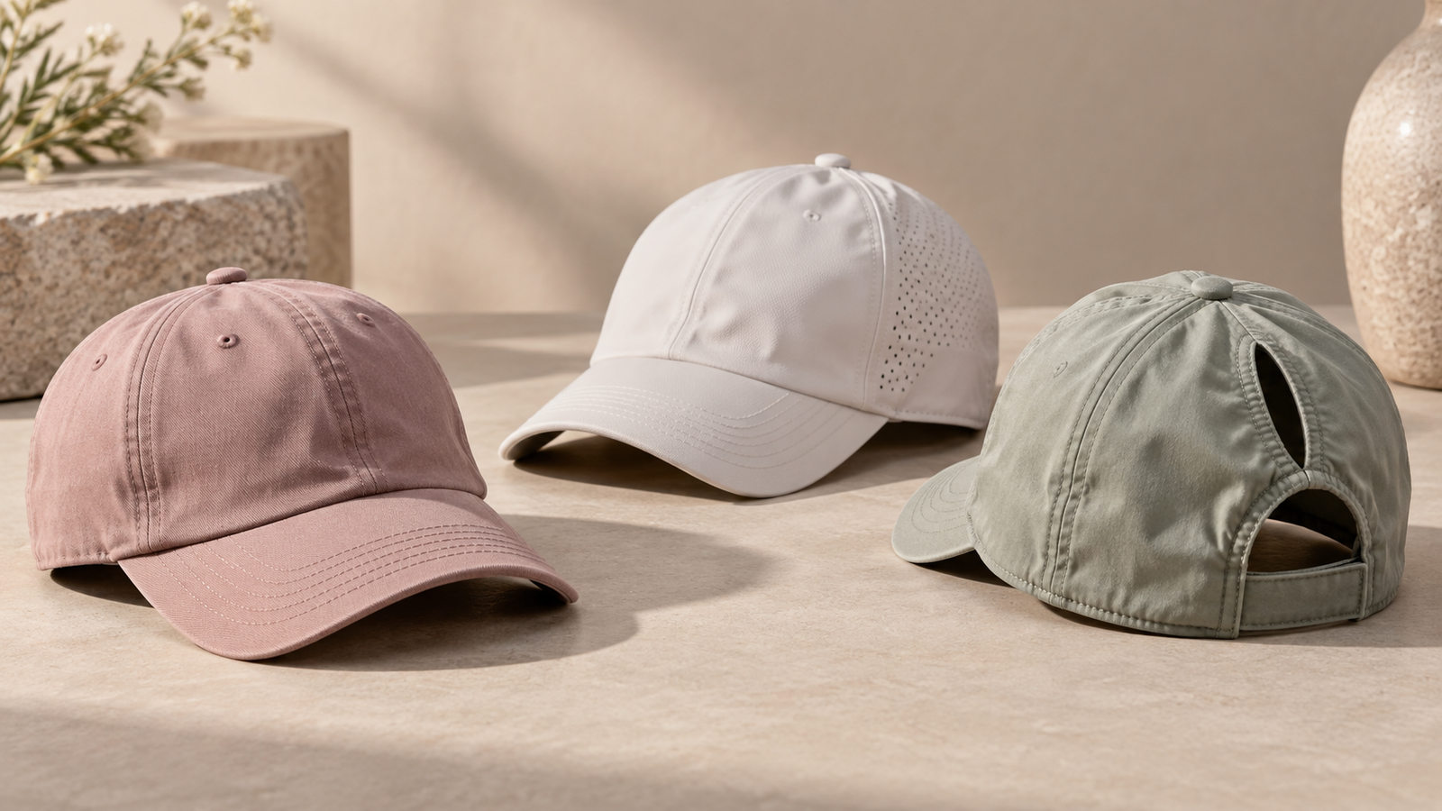 Three blank women oriented custom hat prototypes showing different fit and proportion options