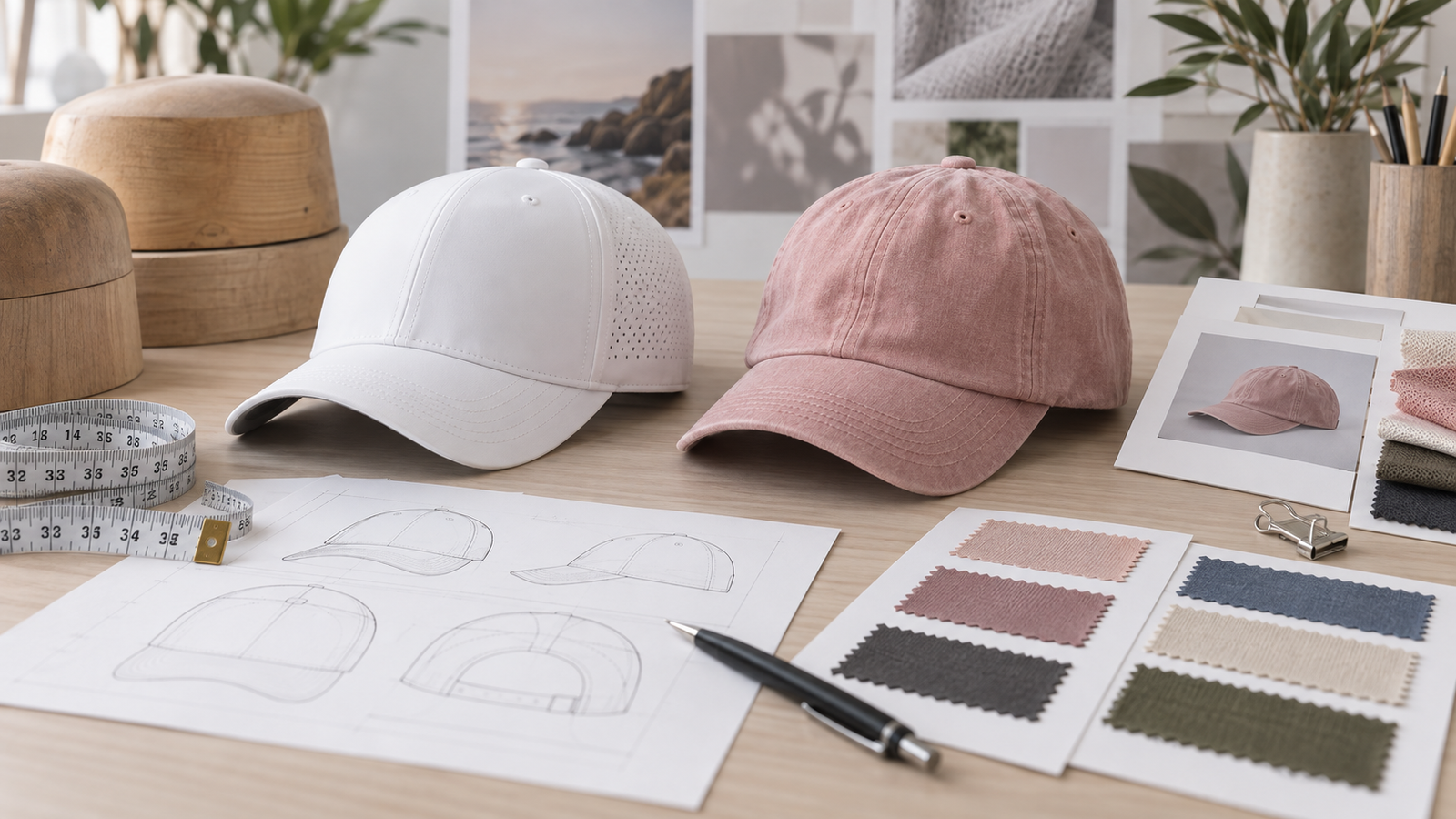 Blank custom caps, measuring tape, size blocks, fabric swatches, and approval card on a development desk