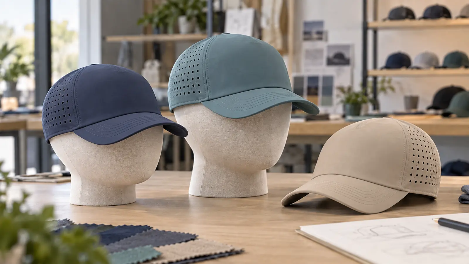 Custom youth hats in different youth sizes reviewed in a premium headwear sample room