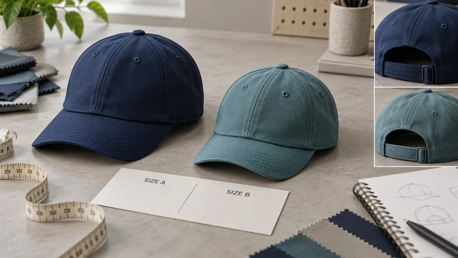 Youth baseball cap development set showing two crown sizes, adjustable closures, and proportionally scaled visors without logos