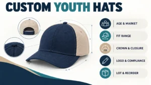 Custom youth hats planning infographic covering age group fit range closure decoration compliance and reorder records