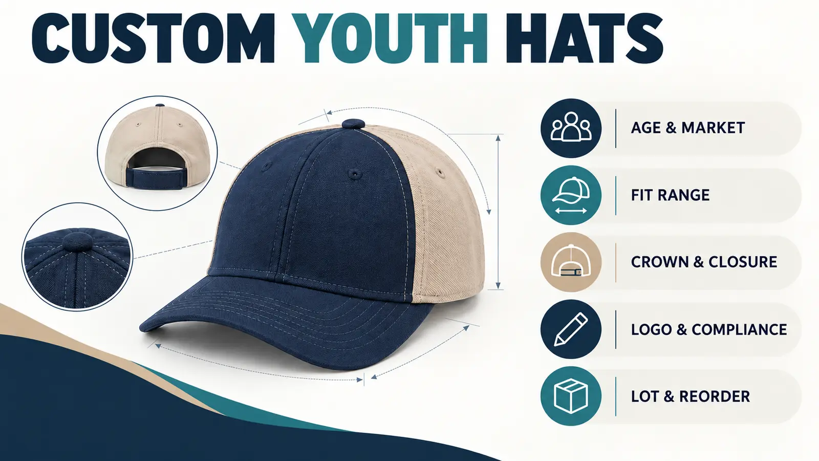 Custom youth hats planning infographic covering age group, fit range, closure, decoration, compliance, and reorder records