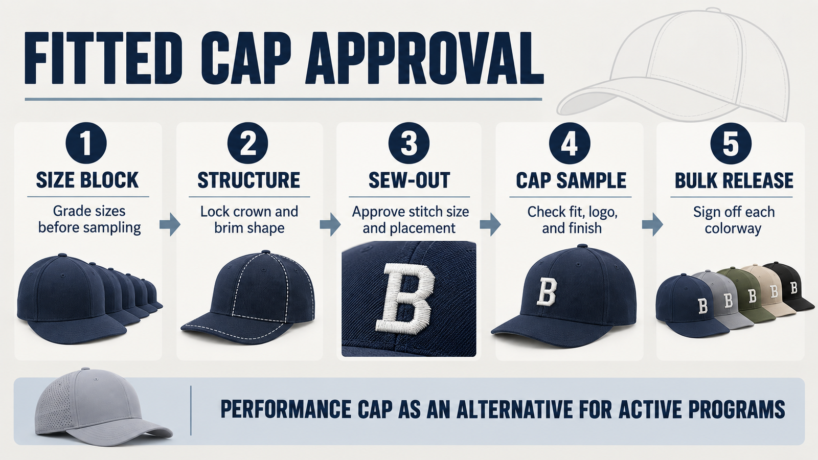 Fitted cap approval workflow from size block to bulk release