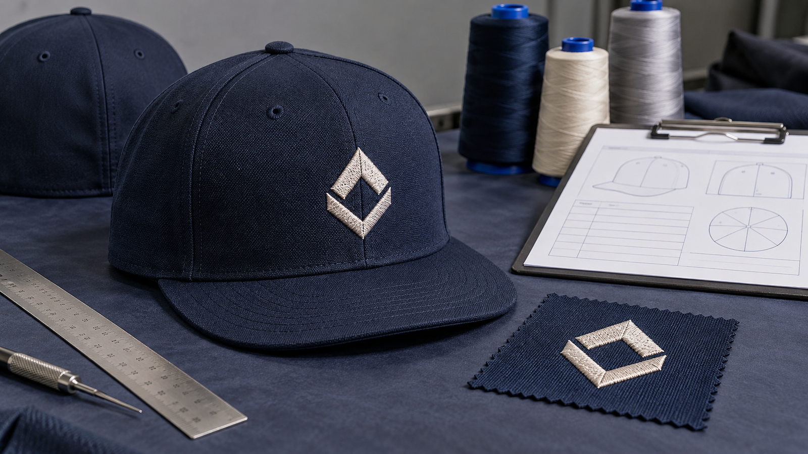Embroidery sew-out and fitted-cap sample review on a quality-control table