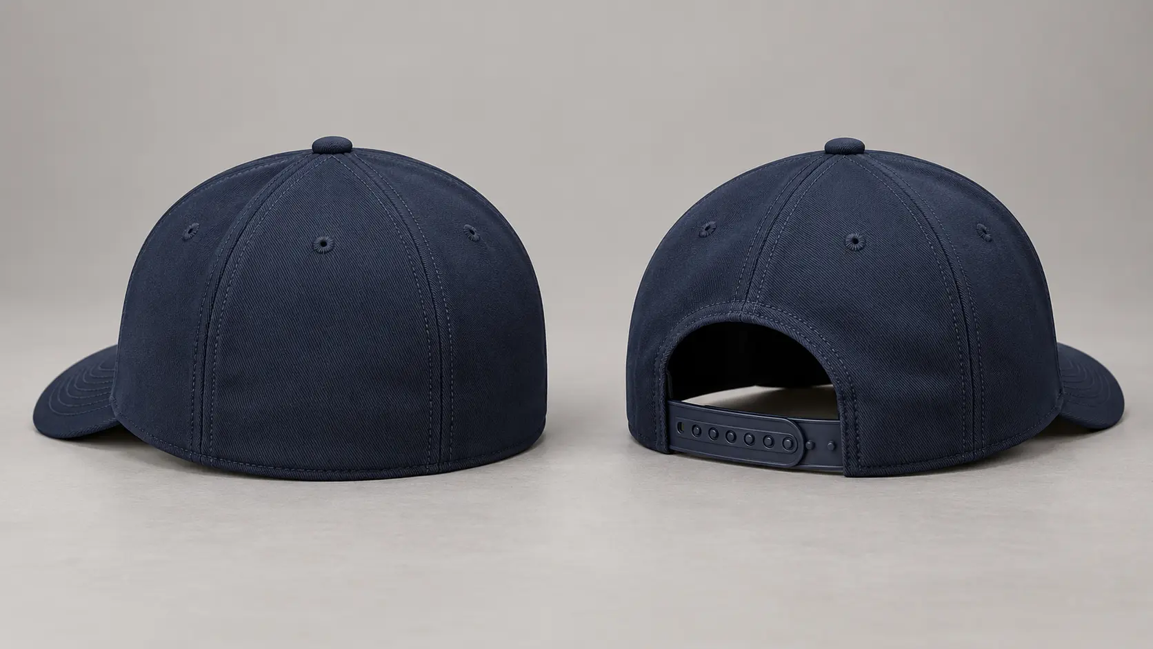 Rear comparison of a closed-back fitted baseball cap and an adjustable snapback closure for fit validation