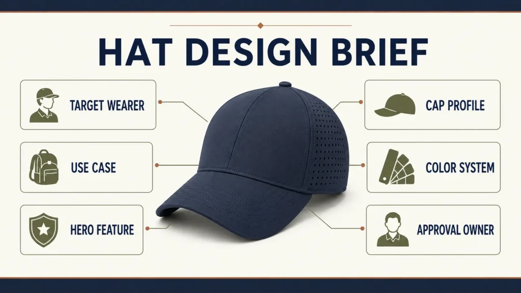Hat design brief infographic built around a laser perforated performance cap and six brand planning decisions