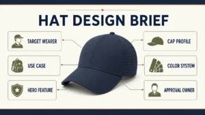 Hat design brief infographic built around a laser perforated performance cap and six brand planning decisions