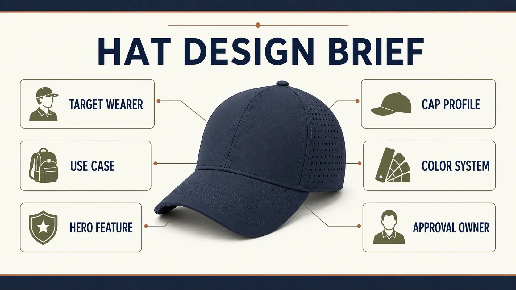 Hat design brief infographic built around a laser-perforated performance cap and six brand planning decisions