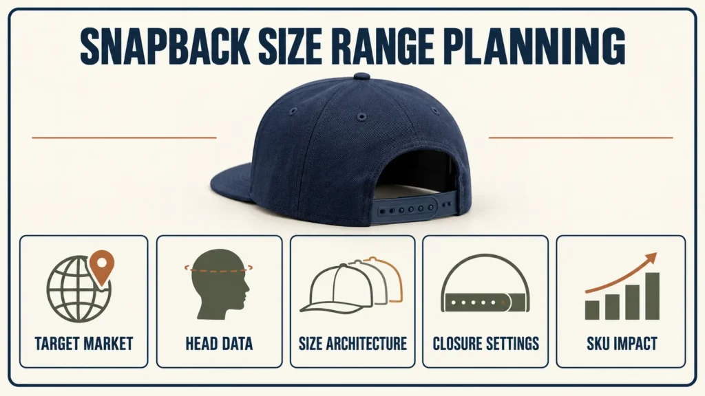 Snapback size range planning guide covering target market head data size architecture closure settings and SKU impact