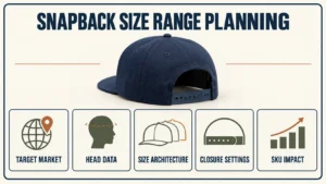 Snapback size range planning guide covering target market head data size architecture closure settings and SKU impact