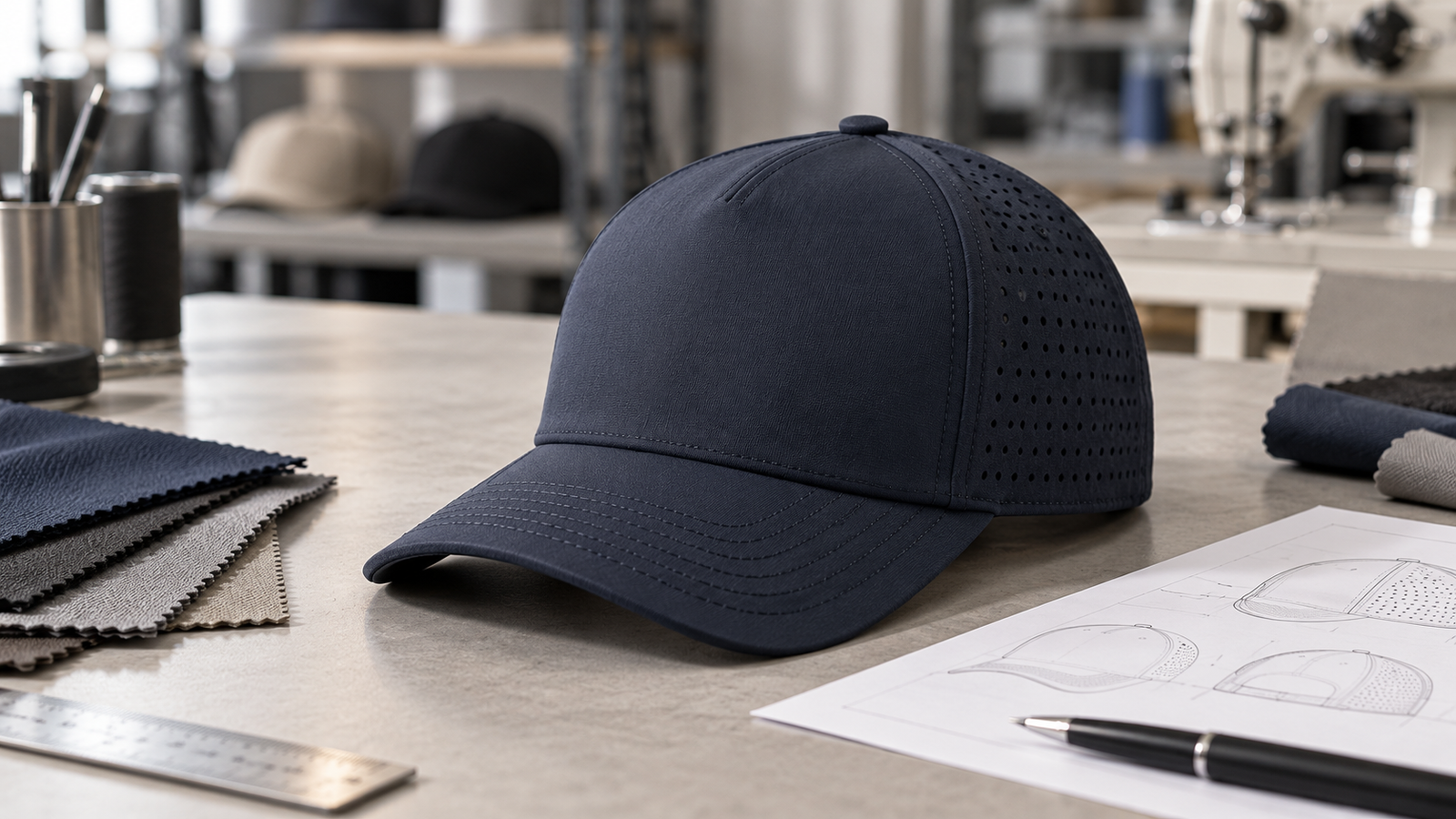 Original five-panel laser-perforated performance cap sample on a factory table with fabric swatches and a technical sketch