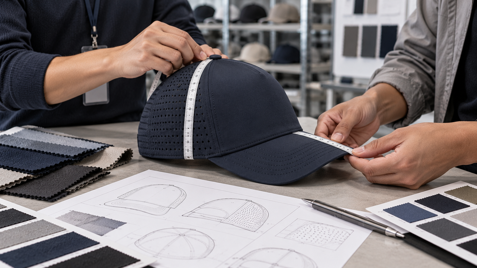 Factory team measuring a performance cap sample against a technical specification sheet